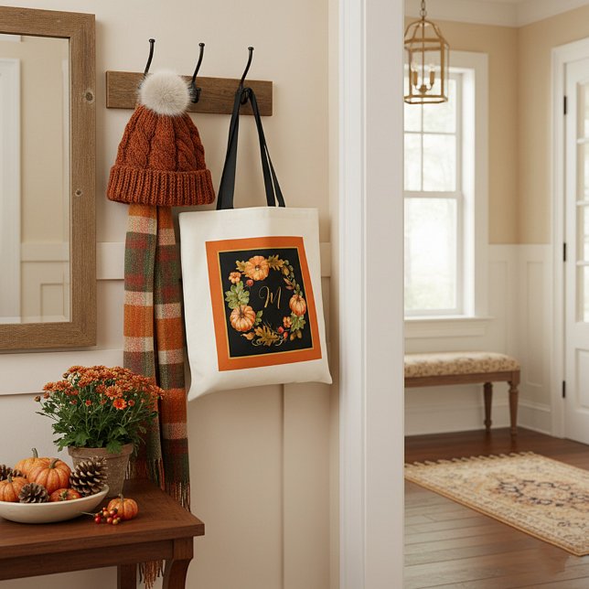 Pumpkin wreath monogram   tote bag (Creator Uploaded)