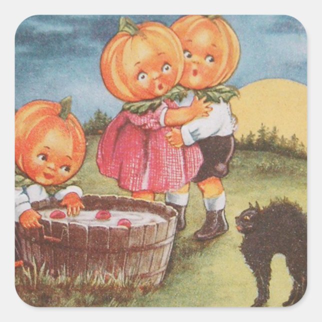 Pumpkinhead Black Cat Bobbing For Apples Square Sticker (Front)