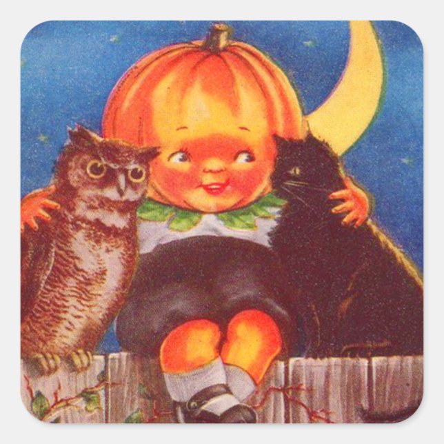 Pumpkinhead Owl Black Cat Crescent Moon Square Sticker (Front)