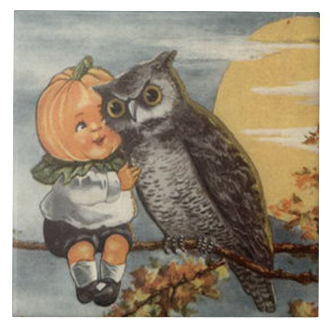 Pumpkinhead Owl Full Moon Tree Pumpkin Tile (Front)