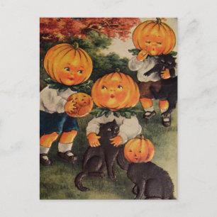 Pumpkinheads Black Cat (Vintage Halloween Card) Postcard