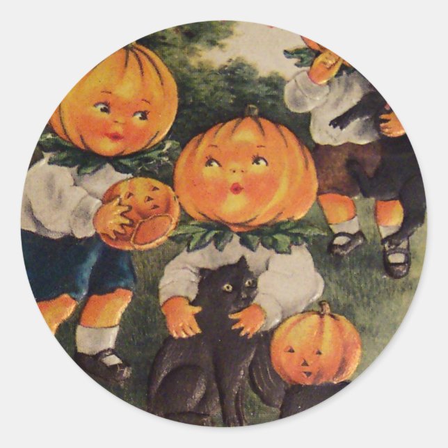 Pumpkinheads (Vintage Halloween Card) Classic Round Sticker (Front)