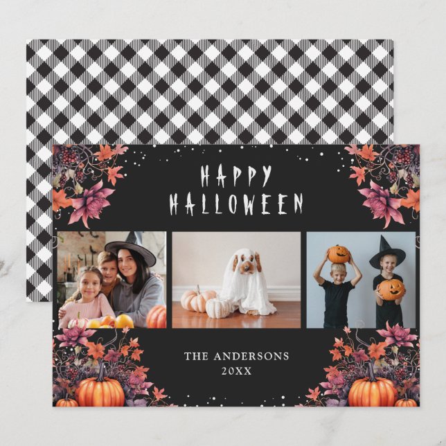 Pumpkins 3 Photo Happy Halloween Cards (Front/Back)