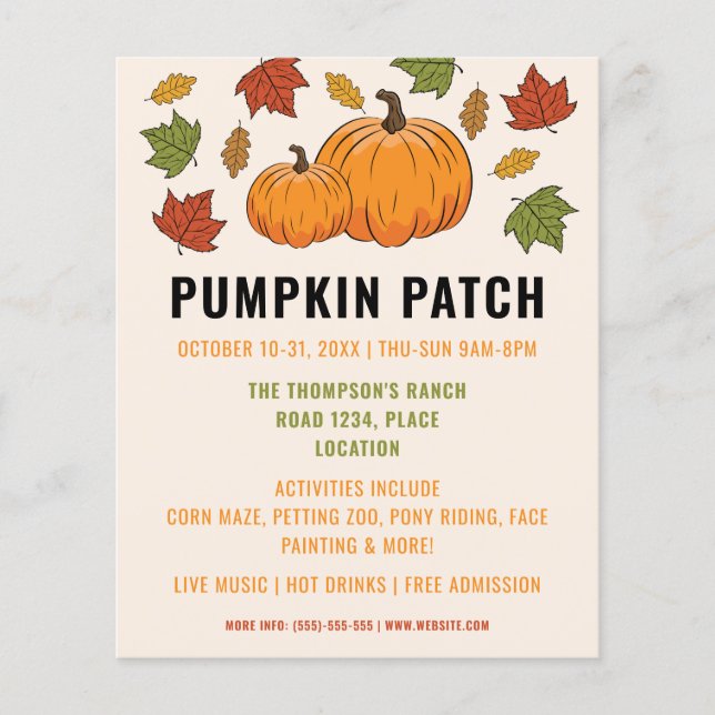 Pumpkins And Autumn Leaves Custom Pumpkin Patch Flyer (Front)
