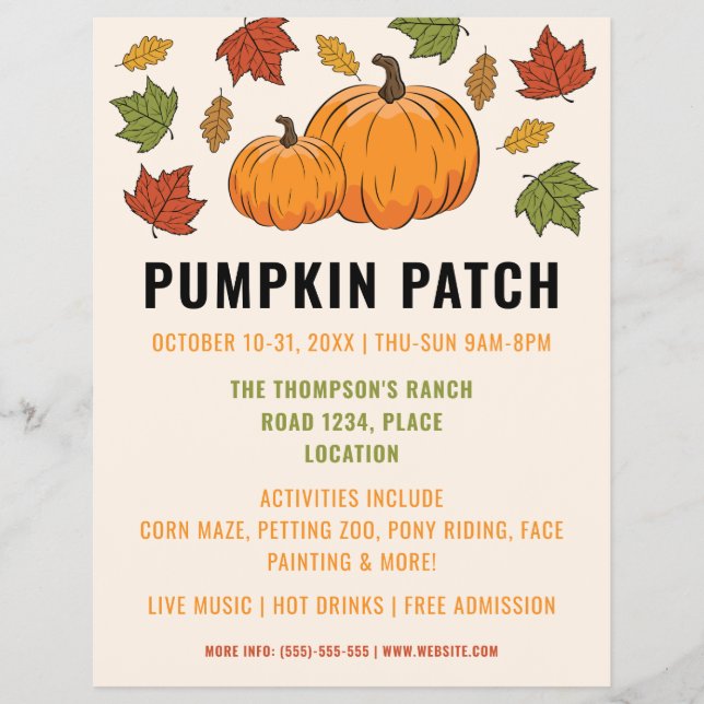 Pumpkins And Autumn Leaves Custom Pumpkin Patch Flyer (Front)