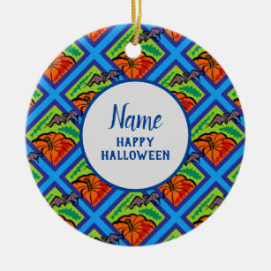 Pumpkins and Bats in Pattern, Name, Halloween, ZSG Ceramic Tree Decoration