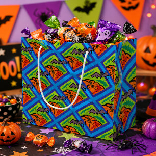 Pumpkins and Bats in Pattern, Name, Halloween, ZSG Large Gift Bag