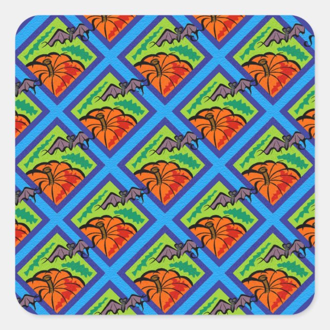 Pumpkins and Bats in Patterns Square Stickers (Front)