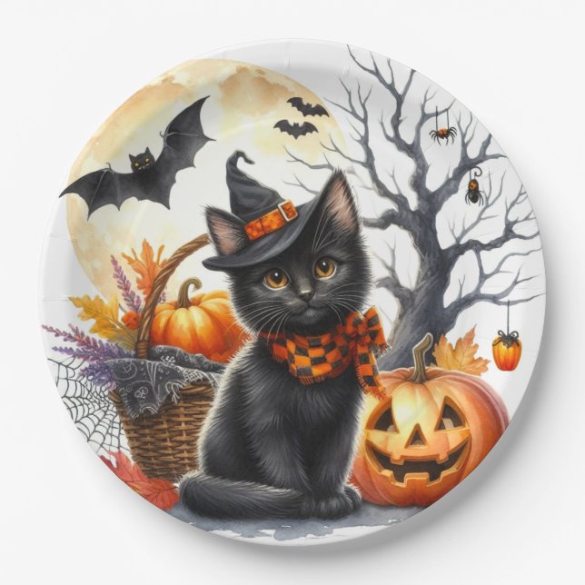 Pumpkins and Black Cat Halloween Party Paper Plate (Front)