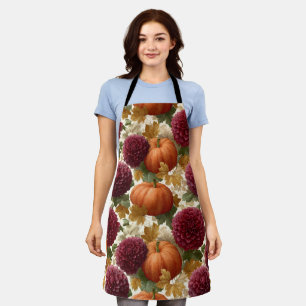 Pumpkins and Burgundy Autumn Blooms Apron