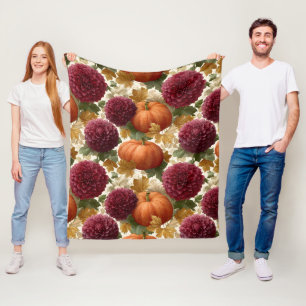 Pumpkins and Burgundy Autumn Blooms Fleece Blanket