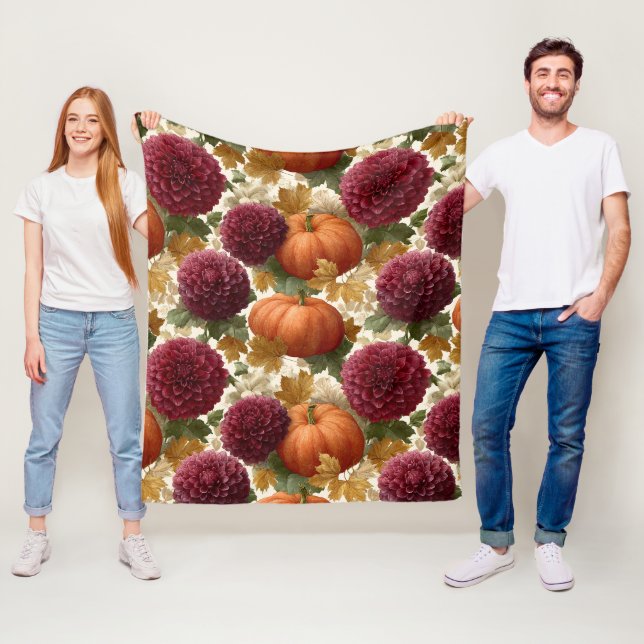Pumpkins and Burgundy Autumn Blooms Fleece Blanket (In Situ)