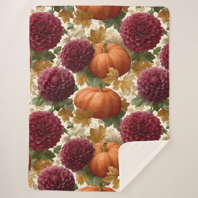 Pumpkins and Burgundy Autumn Blooms Sherpa Blanket (Front)