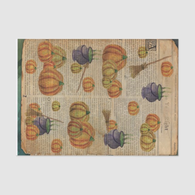 Pumpkins and Cauldron Vintage Pages Decoupage Tissue Paper (Front)
