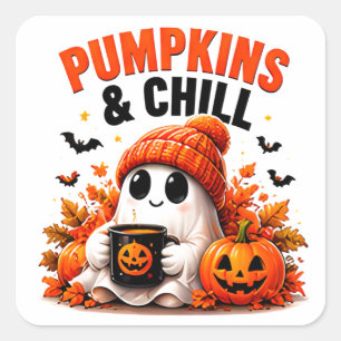 Pumpkins And Chill Funny Ghost Cosy Autumn Square Sticker