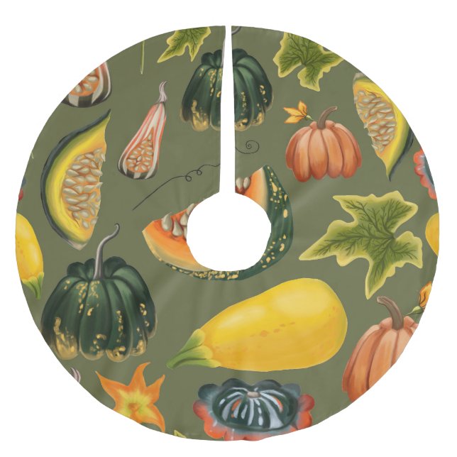 Pumpkins and Leaves: Autumn Greenery Brushed Polyester Tree Skirt (Front)