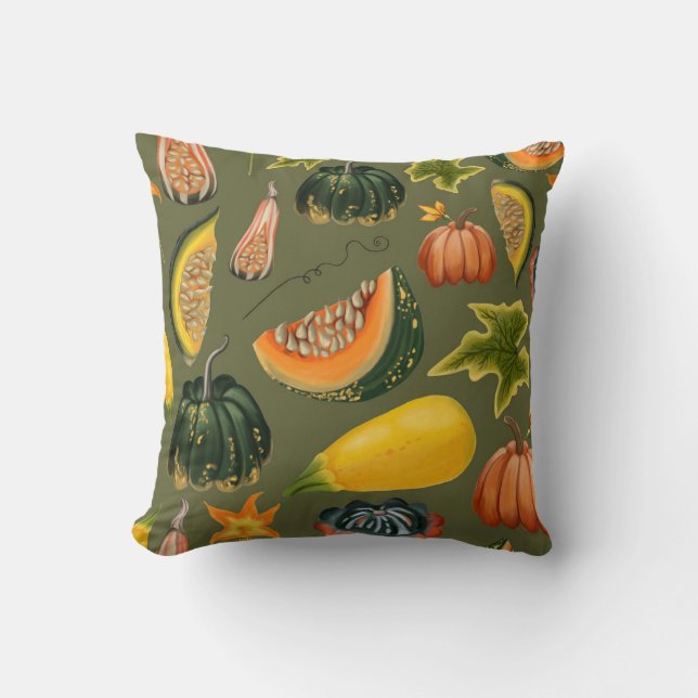 Pumpkins and Leaves: Autumn Greenery Cushion (Front)