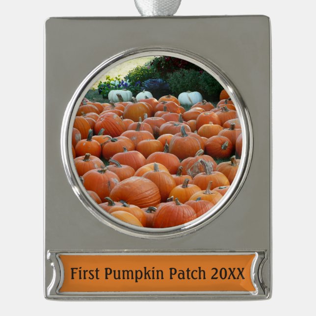 Pumpkins and Mums Autumn Harvest Photography Silver Plated Banner Ornament (Front)