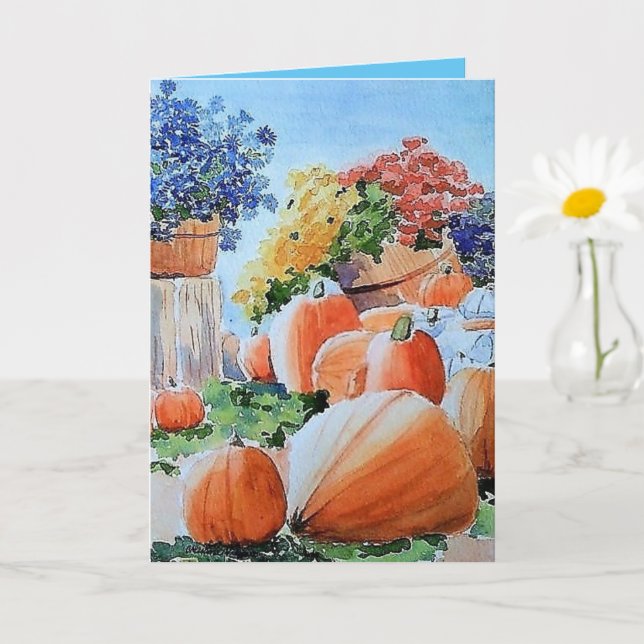 Pumpkins and Mums Greeting card, Fall Art Card (Small Plant)