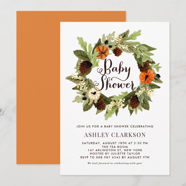 Pumpkins and Pinecones Wreath Fall Baby Shower Invitation (Front/Back)