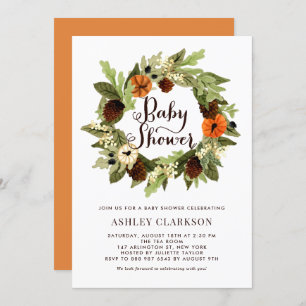 Pumpkins and Pinecones Wreath Fall Baby Shower Invitation