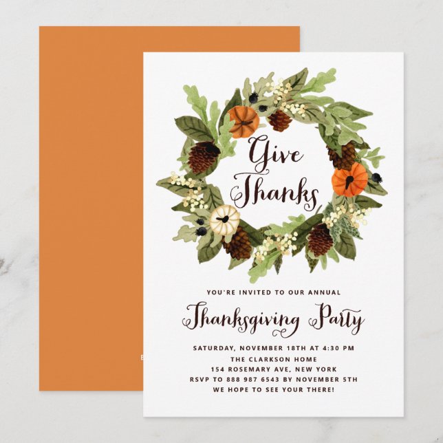 Pumpkins and Pinecones Wreath Thanksgiving Dinner Invitation (Front/Back)