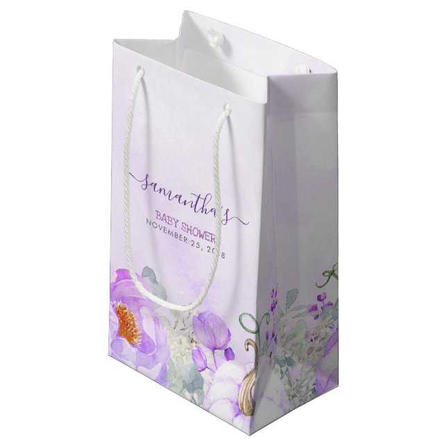 Pumpkins and Purple Flowers Fall Baby Shower Small Gift Bag (Front Angled)
