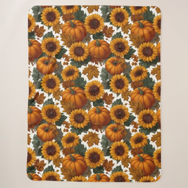Pumpkins and Sunflowers Autumn Pattern Sherpa Blanket (Front)