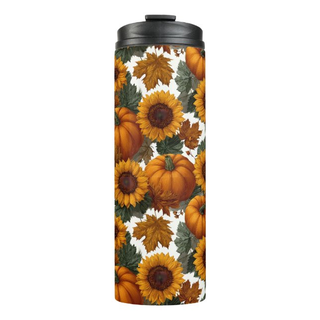 Pumpkins and Sunflowers Autumn Pattern Thermal Tumbler (Front)