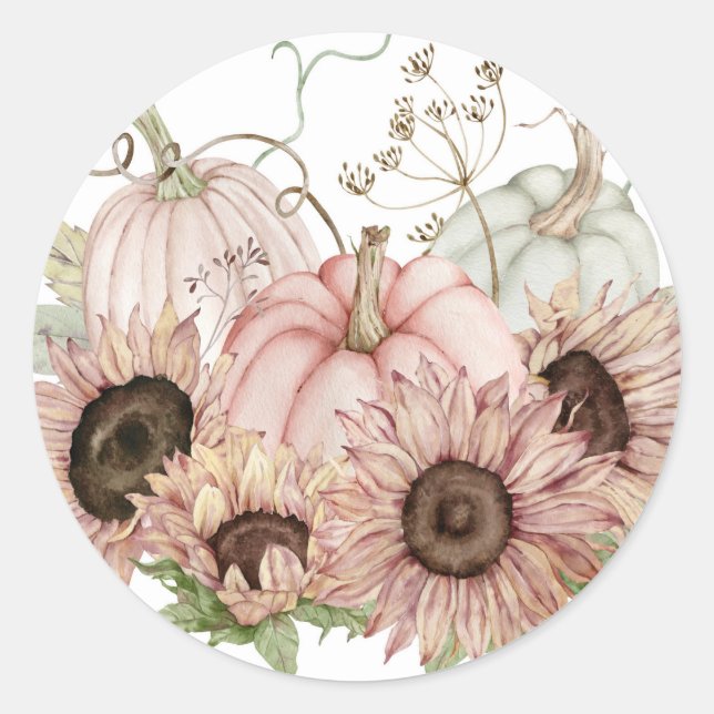 Pumpkins and Sunflowers Classic Round Sticker (Front)