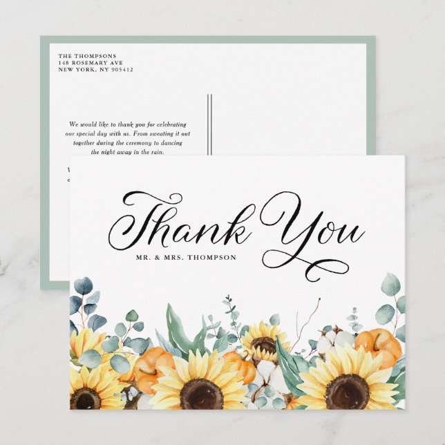 Pumpkins and Sunflowers Fall Wedding Thank You Postcard (Front/Back)
