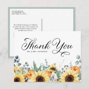 Pumpkins and Sunflowers Fall Wedding Thank You Postcard