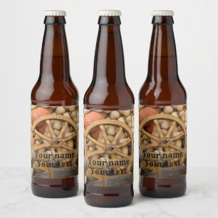 Pumpkins and Wheel of the rural wooden cart Beer Bottle Label