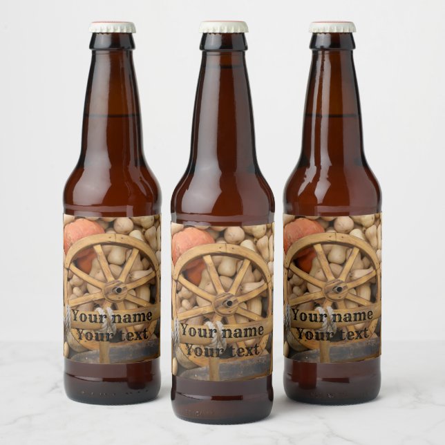 Pumpkins and Wheel of the rural wooden cart Beer Bottle Label (Bottles)