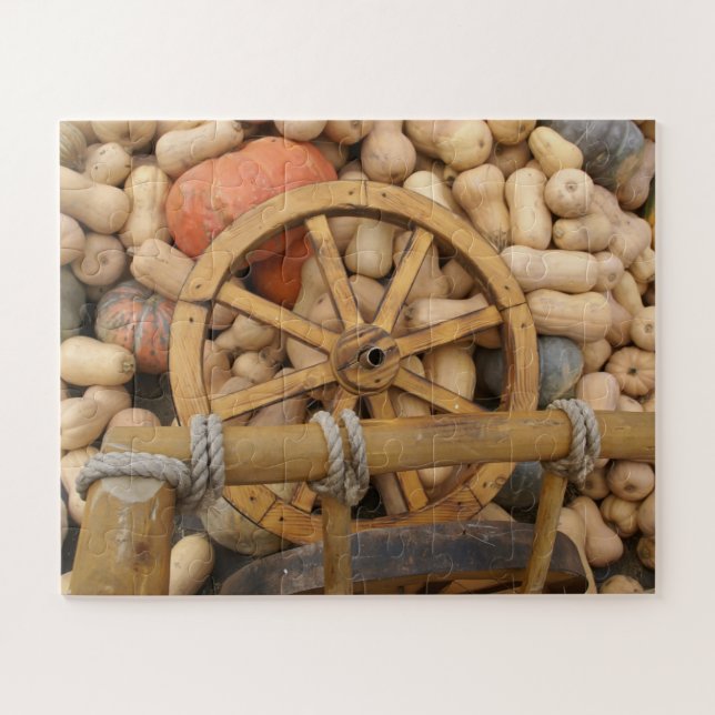 Pumpkins and Wheel of the rural wooden cart Jigsaw Puzzle (Horizontal)