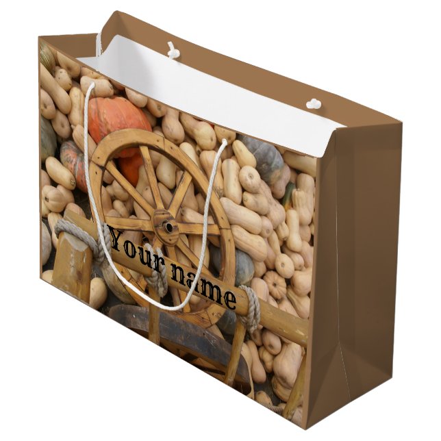 Pumpkins and Wheel of the rural wooden cart Large Gift Bag (Front Angled)