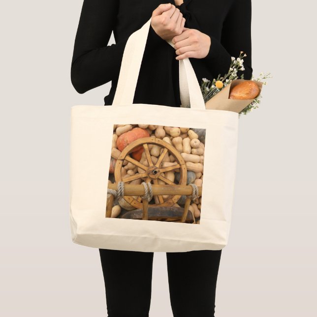 Pumpkins and Wheel of the rural wooden cart Large Tote Bag (Front (Product))