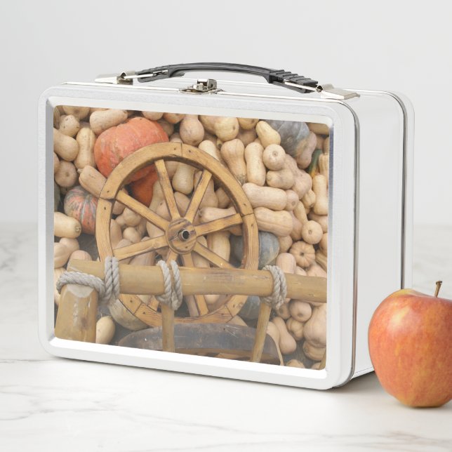Pumpkins and Wheel of the rural wooden cart Metal Lunch Box (In Situ)