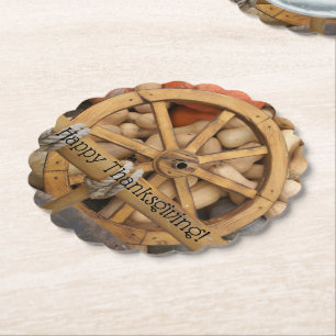 Pumpkins and Wheel of the rural wooden cart Paper Coaster