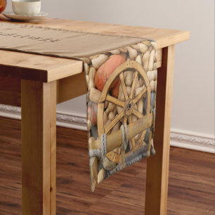 Pumpkins and Wheel of the rural wooden cart Short Table Runner