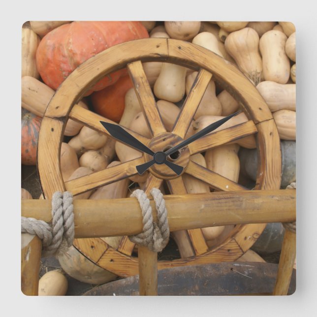 Pumpkins and Wheel of the rural wooden cart Square Wall Clock (Front)