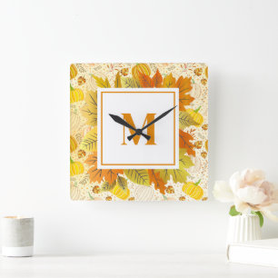 Pumpkins Autumn Fall Harvest Pattern Square Wall Clock
