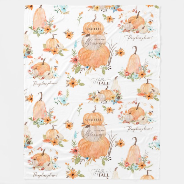 Pumpkins Autumn Fall Leaves n Flowers Watercolor Fleece Blanket (Front)