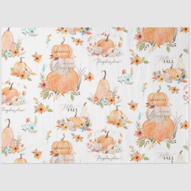Pumpkins Autumn Flowers n Fall Leaves Watercolor Tissue Paper (Front)
