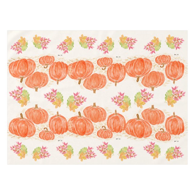 Pumpkins Autumn Leaves Watercolor Handpainted Tablecloth (Front (Horizontal))