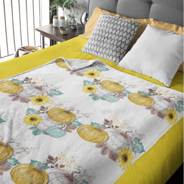 Pumpkins Autumn Watercolor Thanksgiving Halloween Fleece Blanket (Creator Uploaded)