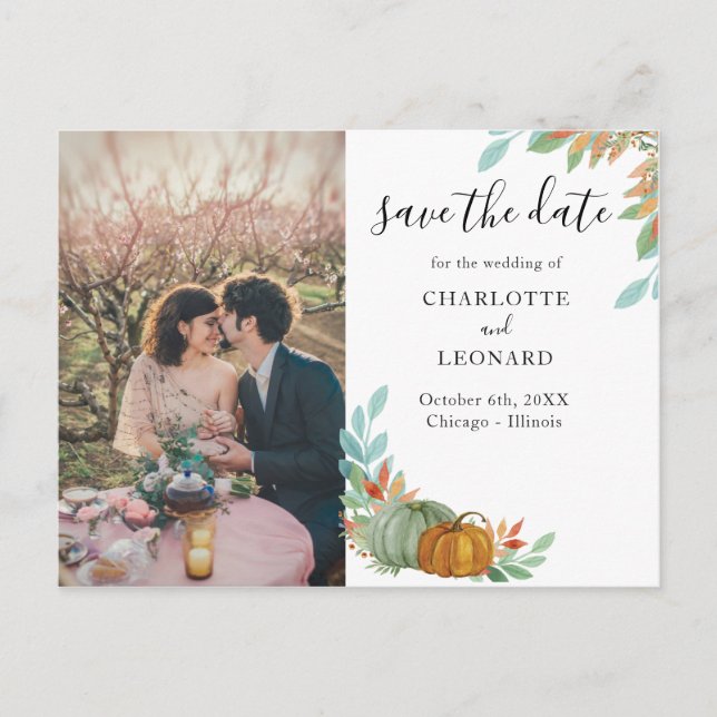 Pumpkins Autumn Wedding save the date photo Announcement Postcard (Front)