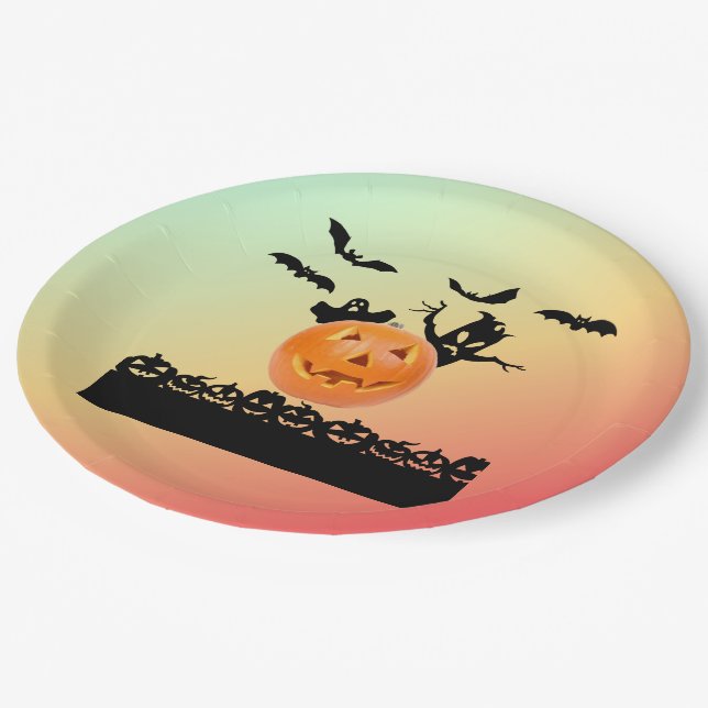 Pumpkins, Bat, Ghost and Menancing Tree Paper Plate (Angled)