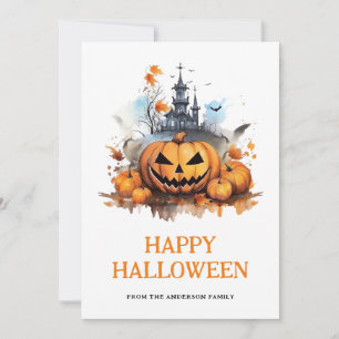 Pumpkins Bats Haunted Mansion Happy Halloween Holiday Card