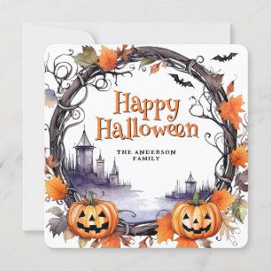 Pumpkins Bats Watercolor Happy Halloween Card